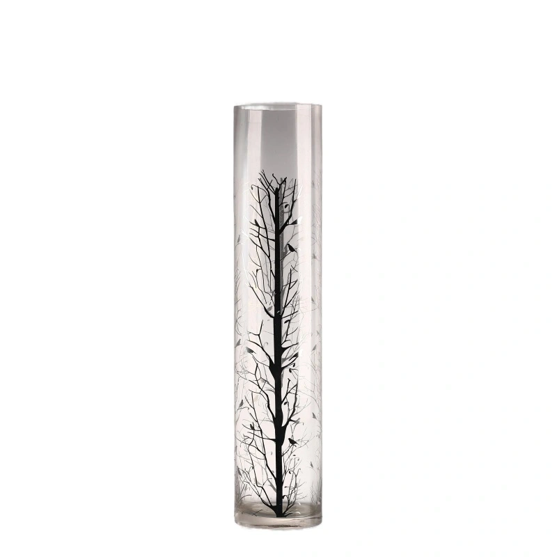 Clear Printed Branches Design Cylindrical Glass Vase