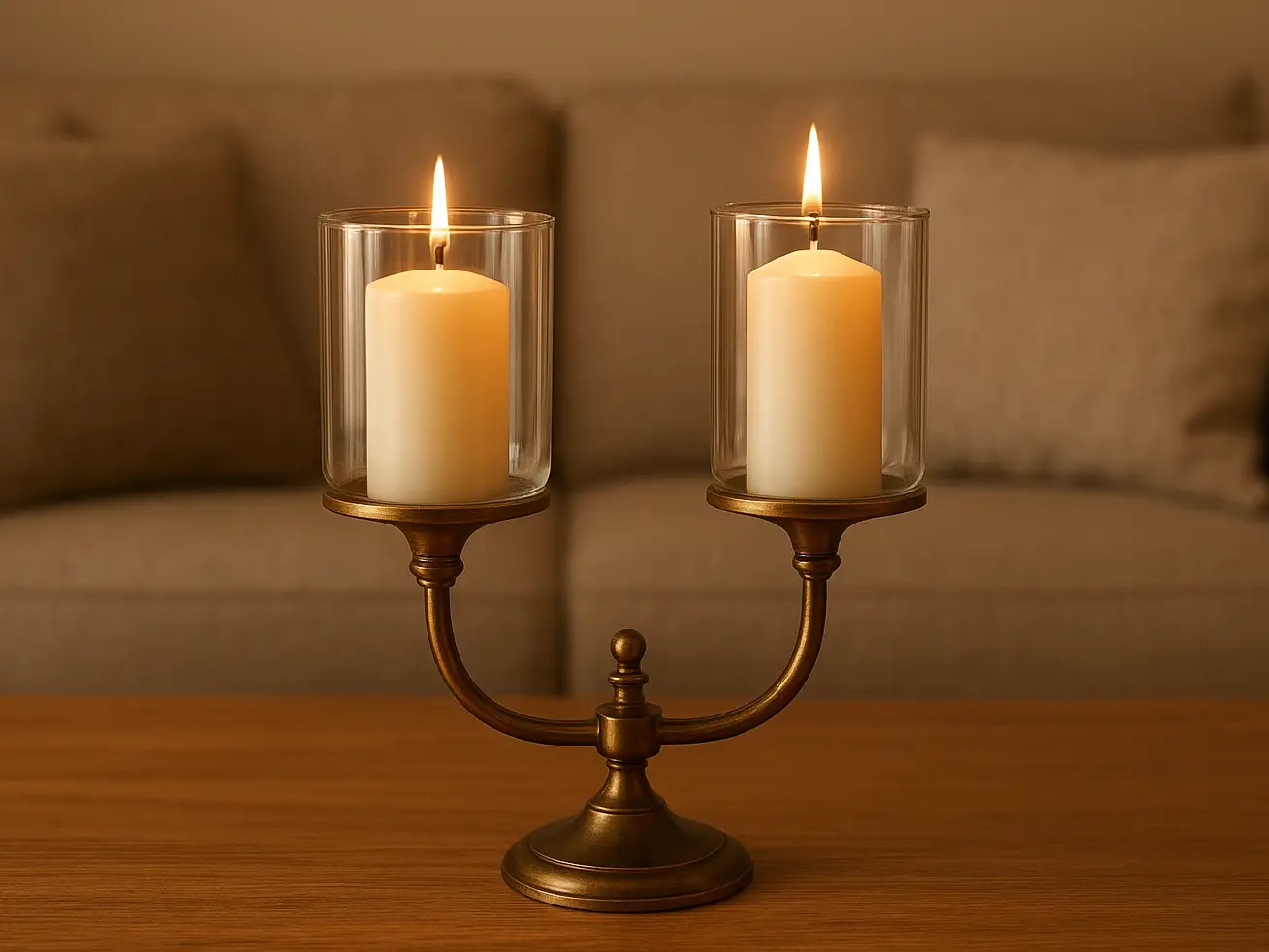 Brass candle holder with two glass hurricanes and ivory candles on a wooden table