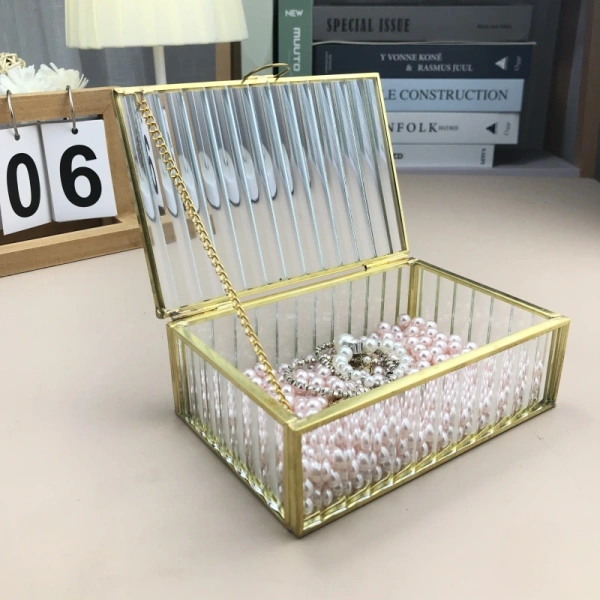 Large Ribbed Glass Jewelry Box in Gold - Image 2