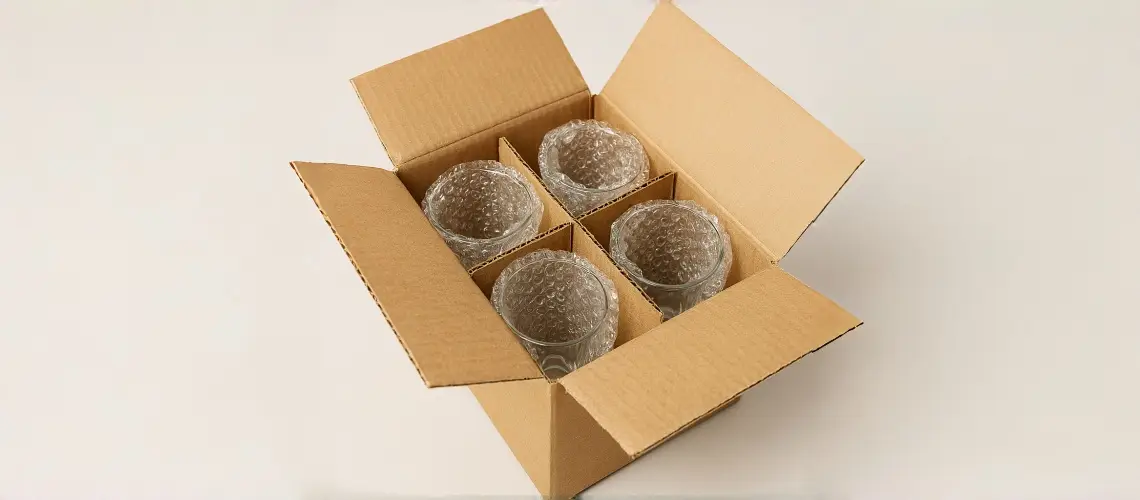 Glasses Wrapped in Bubble Wrap Inside a Carton