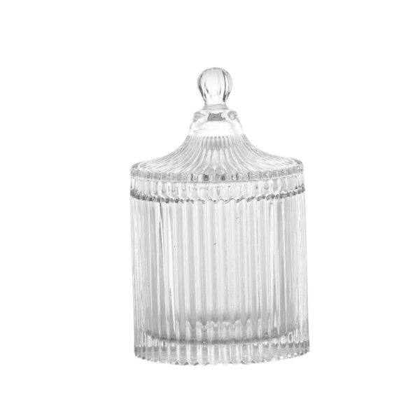 Elegant ribbed glass storage jar with lid for kitchen or decorative.
