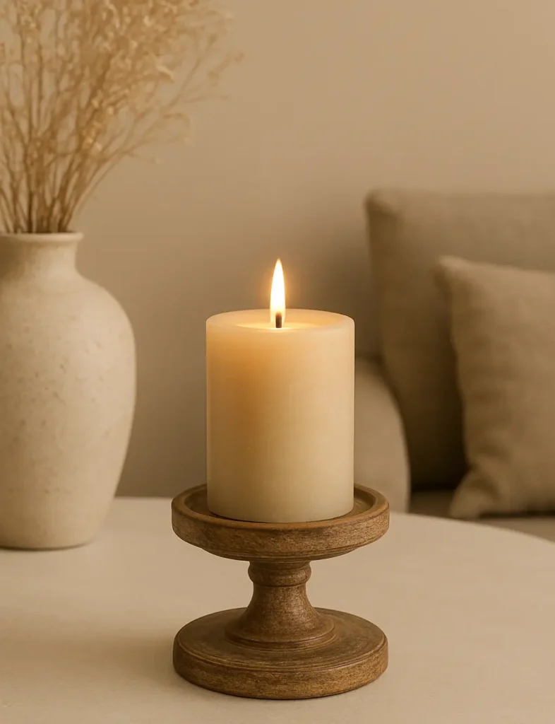 Wooden candle holder with beige pillar candle and dried plants in a cozy living room