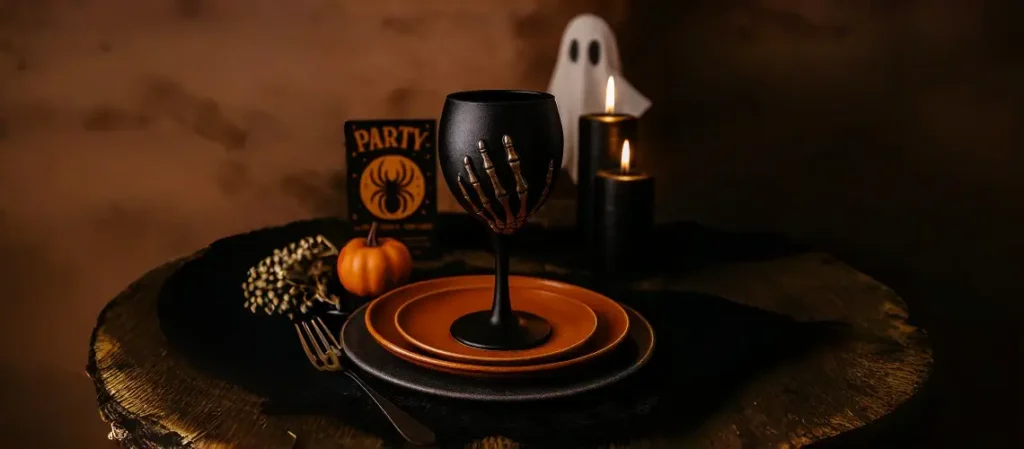 Halloween skeleton hand wine glass on spooky table setting with pumpkin, candles, and ghost decoration