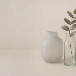Elegant arrangement of neutral-tone glass vases and candle holders featuring 2025–2026 color trends in soft gray, pale blue, and beige hues.