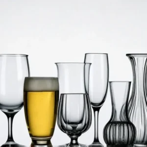 A collection of various glassware items, including wine glasses, beer mugs with golden beer, tumblers, and decorative vases, arranged neatly against a light background. Ideal for buyers exploring options for international import and export.