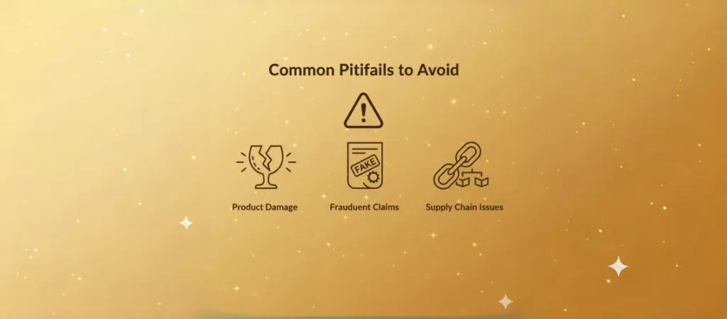 An illustration with a golden gradient background, showing a broken glassware cup, a fake certificate, and a supply chain break symbol, with a warning sign to avoid pitfalls.