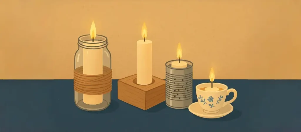 Illustrated DIY candle holders made from everyday materials including a mason jar, wooden block, tin can, and teacup, glowing with soft candlelight on a blue table.