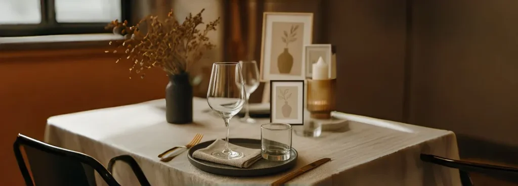 A cozy and elegant dining table setup featuring a black round plate with a beige linen napkin, clear wine and tumbler glasses, gold cutlery, and botanical-themed decor including framed artwork, a ribbed glass candle holder, and dried floral arrangements.