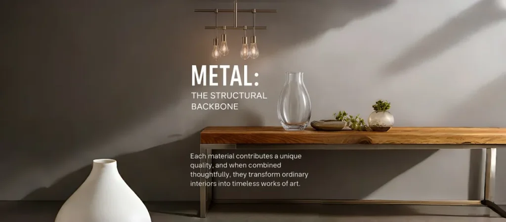 Modern interior featuring a brushed steel chandelier, clear glass vase, and wooden console table highlighting the fusion of metal, glass, and wood.