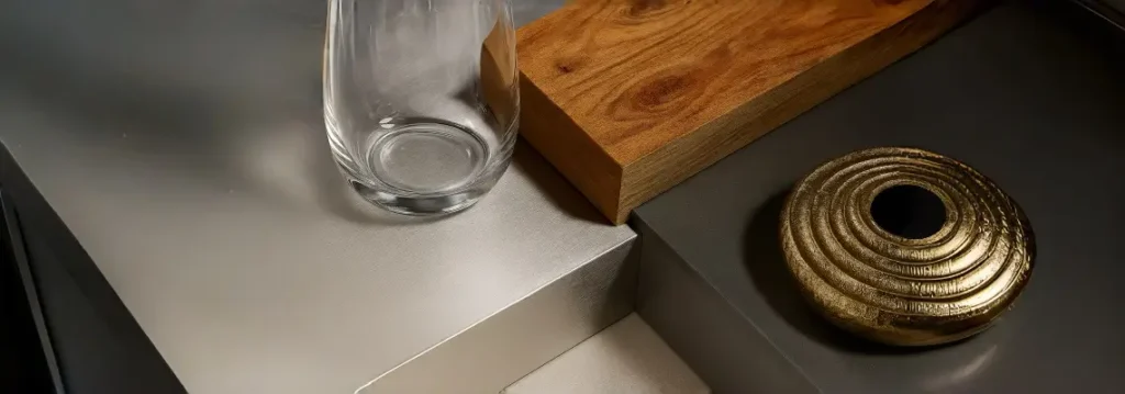 Close-up of a glass vase on a metal shelf showing the contrast of smooth transparency and industrial strength