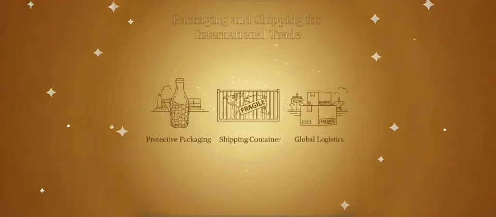 An illustration with a golden gradient background, showing glassware wrapped in bubble wrap, a shipping container, and a 'Fragile' label, with a port outline for international trade.