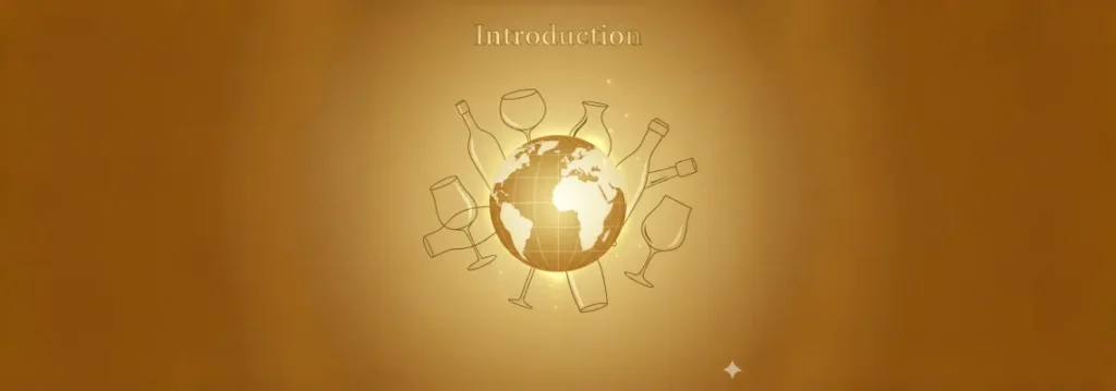 An illustration with a golden gradient background, featuring a globe and artistic outlines of wine glasses, bottles, and vases, representing the introduction to global glassware trade.