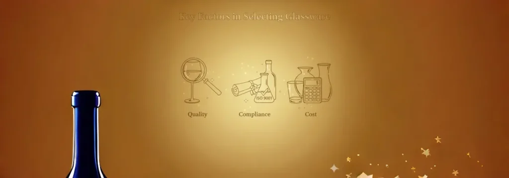 An illustration with a golden gradient background, showing glassware outlines with icons of a magnifying glass, certificate, and calculator, representing quality, compliance, and cost factors.