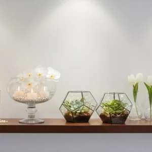 Panoramic showcase of luxurious wedding glass candelabras and tall flower vases, perfect for banquet centerpieces, 1920x500 banner