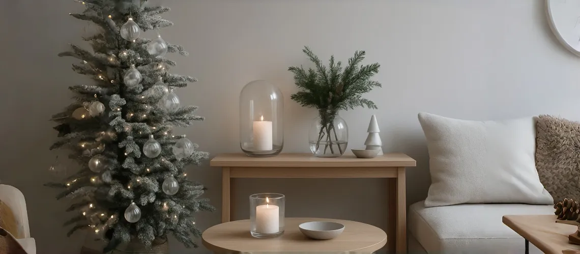 Cozy minimalist living room with a flocked Christmas tree, warm lights, and neutral-toned holiday decor.