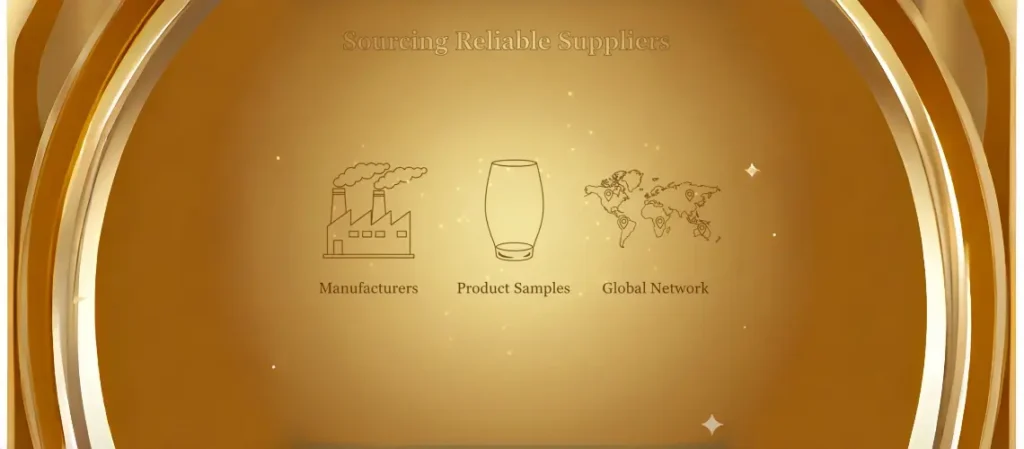 An illustration with a golden gradient background, showing factory outlines, a sample glassware cup, and global map markers, representing reliable supplier sourcing.