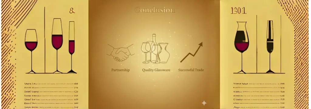 An illustration with a golden gradient background, showing a handshake, glassware outlines, and an upward trend line, symbolizing success in the glassware trade.