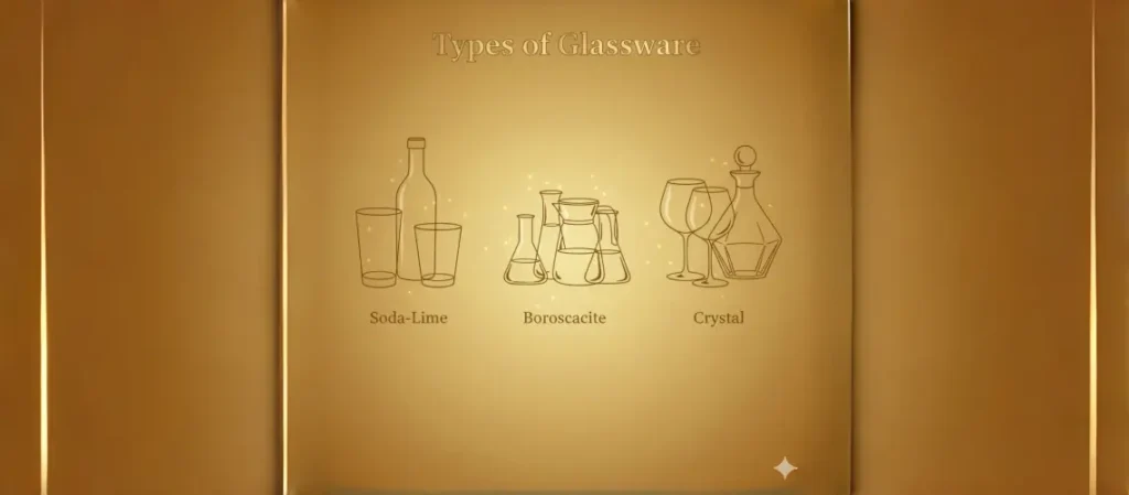 An illustration on a golden gradient background with artistic outlines of soda-lime, borosilicate, and crystal glassware, labeled to show different types.