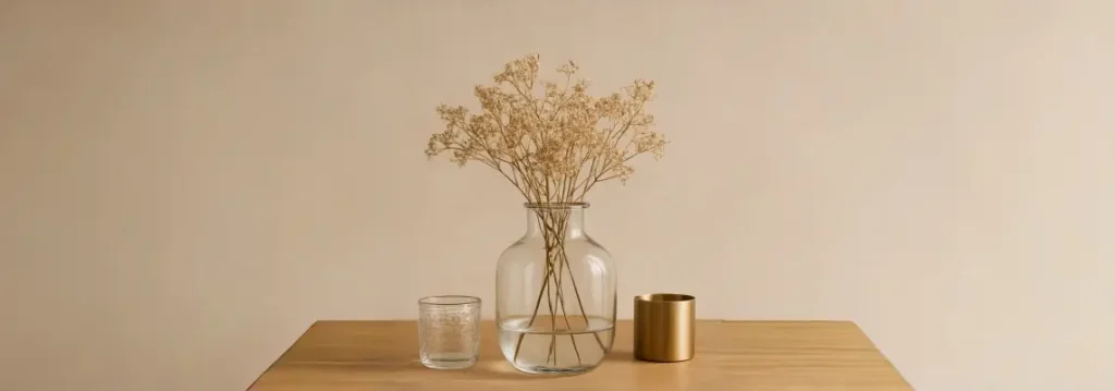 Wooden table with glass vase in a cozy contemporary home interior emphasizing warmth and clarity