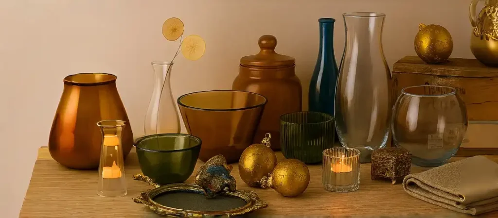 Assorted amber and clear glassware with festive ornaments on wooden surface