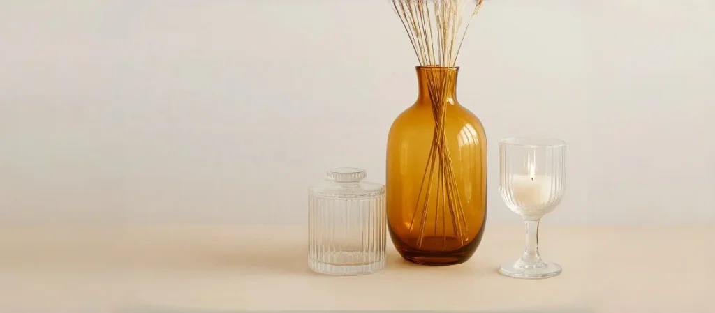 A stylish amber glass vase holding dried grasses, a clear textured glass jar with lid, and a clear fluted glass candle holder with a lit candle, arranged on a light surface.