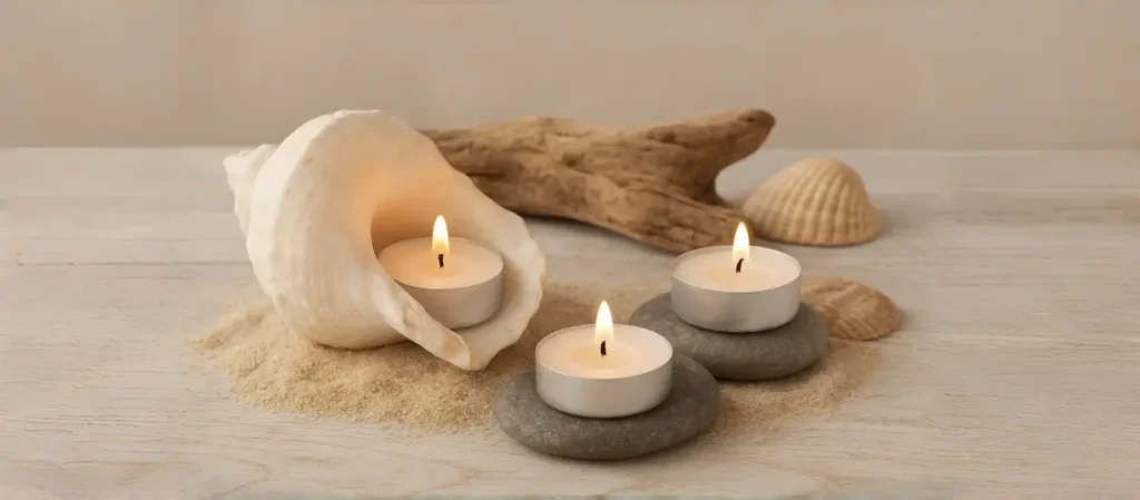 Beach-inspired candle holders made from seashells, smooth stones, sand, and driftwood, with lit tealight candles creating a warm and natural coastal atmosphere.