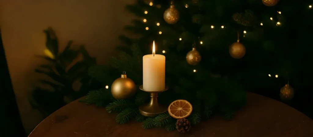 Christmas tree decorated with glass ornaments beside glowing candles and a glass vase with evergreen branches and dried oranges.