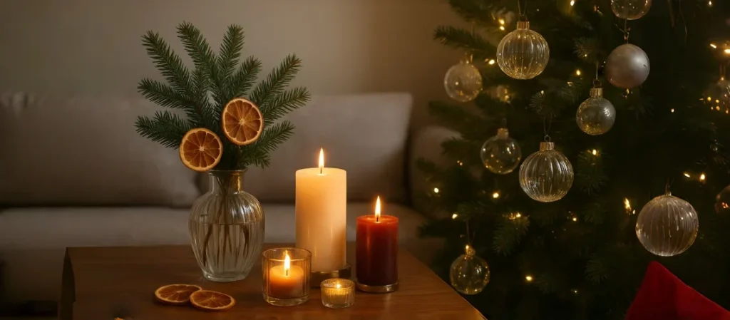 Christmas candle on a vintage brass holder with gold ornaments, pinecones, and evergreen branches.
