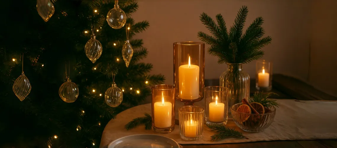 Warm and festive holiday decor with candles and Christmas tree