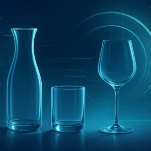Futuristic digital artwork featuring elegant glassware illuminated by blue light against a high-tech geometric background, symbolizing innovation and the future of glass design.
