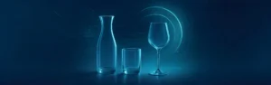 Futuristic digital artwork featuring elegant glassware illuminated by blue light against a high-tech geometric background, symbolizing innovation and the future of glass design.