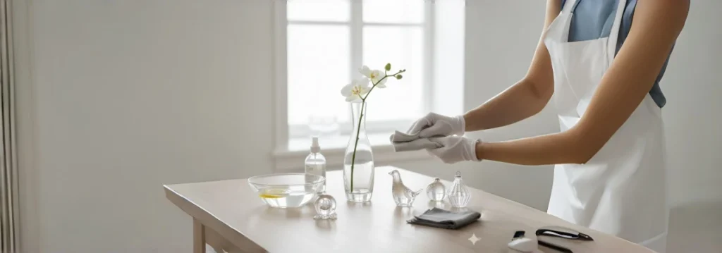 Close-up image featuring a pristine collection of glass vases, bowls, and decorative ornaments, highlighting their clean, sparkling appearance for a maintenance guide banner.