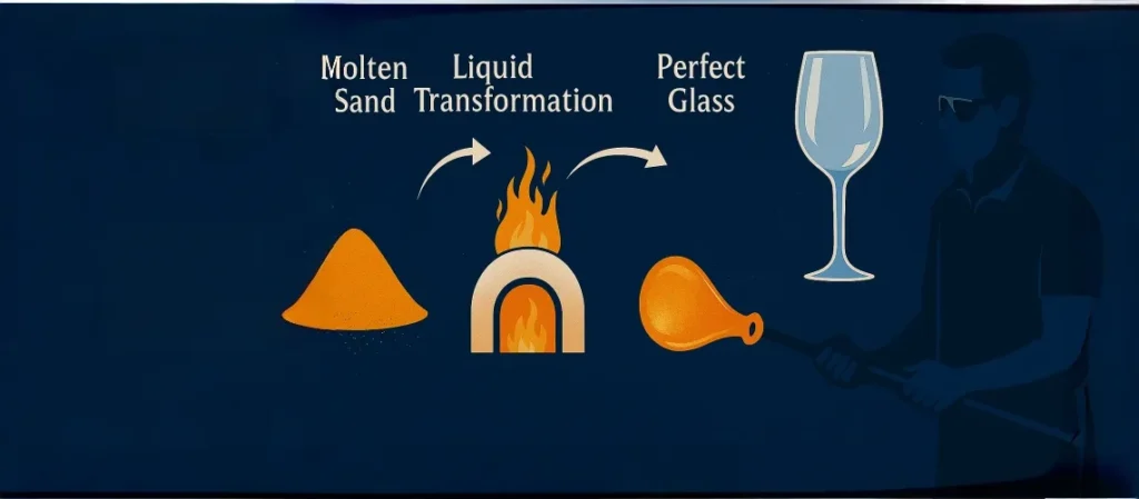 Infographic showing the glassmaking process from molten sand to perfect clarity, including furnace heating, optical refraction, and glassblowing.