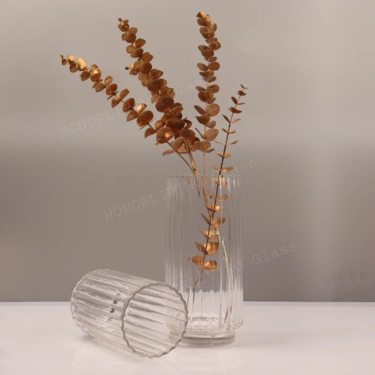 honorliving glass clear ribbed cylinder glass vase with golden eucalyptus
