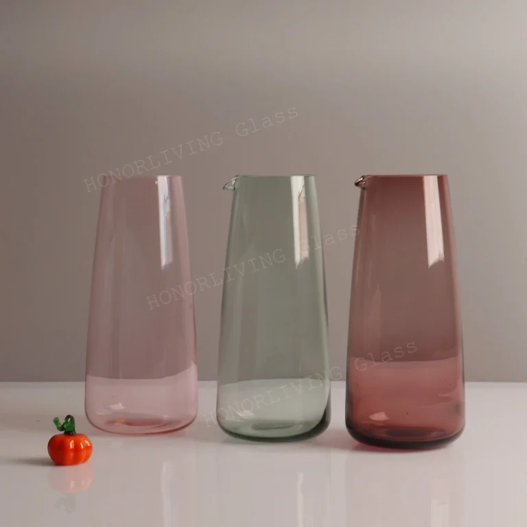 honorliving glass pink sage green and plum purple glass pitchers