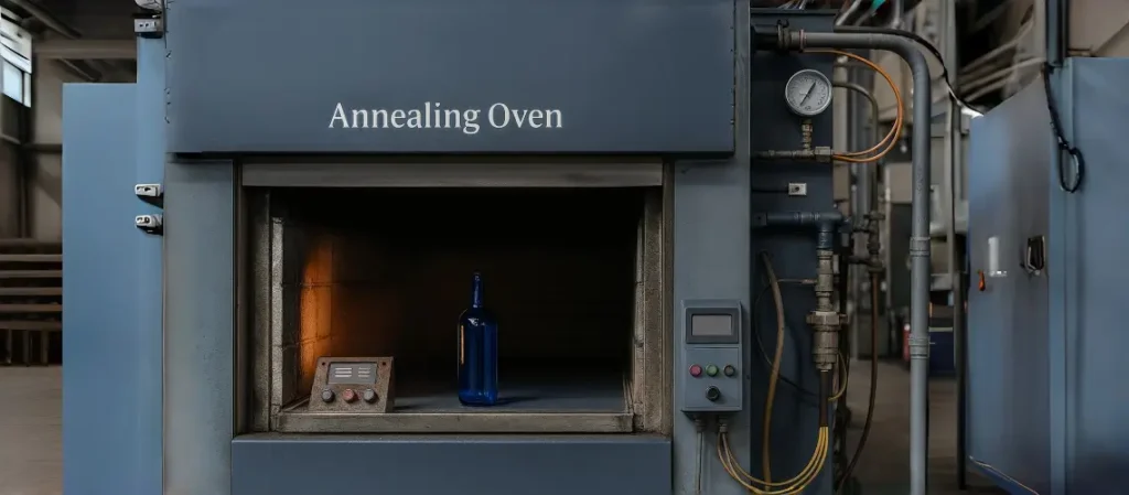 Industrial glass annealing oven with a blue glass bottle inside, showing stress-relief process in a factory setting.