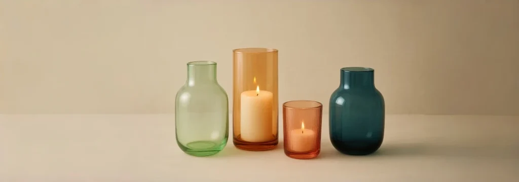 Minimalist arrangement of colorful glass vases and lit candles on a neutral surface with beige background
