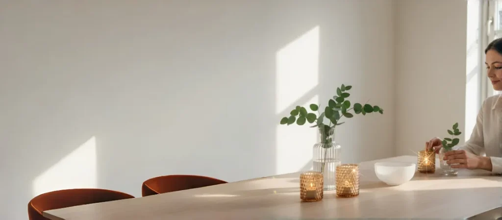Woman arranging green leaves in glass vase with amber candle holders on light wooden table in Nordic minimalist home interior