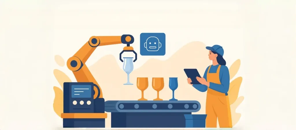 Illustrated banner showing a futuristic glass manufacturing process with a robotic arm handling decorative glassware, a female technician monitoring with a tablet, and a conveyor belt carrying colored glasses—highlighting automation and AI in 2025.