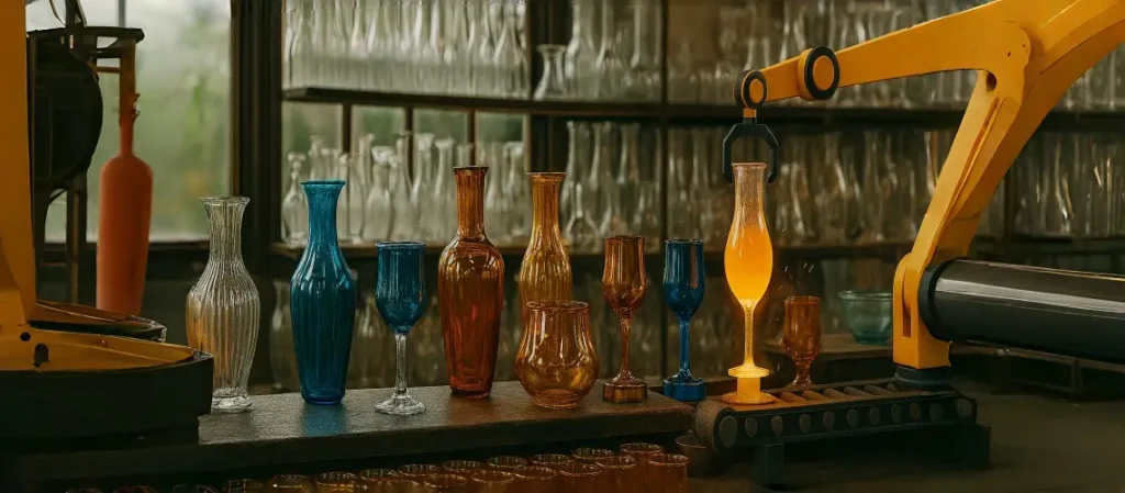 Smart glass manufacturing workshop in 2025 featuring a robotic arm shaping molten glass and shelves stacked with decorative glass vases, goblets, and candleholders under natural light.