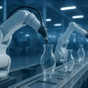 Automated robotic arms producing decorative glass vases in a smart glass manufacturing factory, symbolizing AI and innovation in 2025.