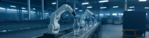 Automated robotic arms producing decorative glass vases in a smart glass manufacturing factory, symbolizing AI and innovation in 2025.