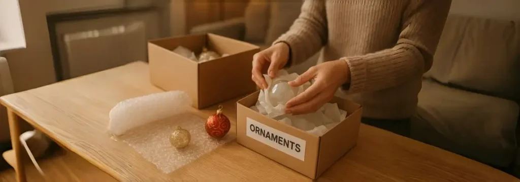 Person carefully wrapping glass ornaments in tissue and bubble wrap during holiday storage preparation.