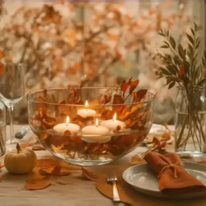 A beautifully set Thanksgiving dining table with glass vases holding orange roses and dried autumn foliage, surrounded by plates, gold cutlery, and candles, decorated with scattered fall leaves and a small pumpkin.