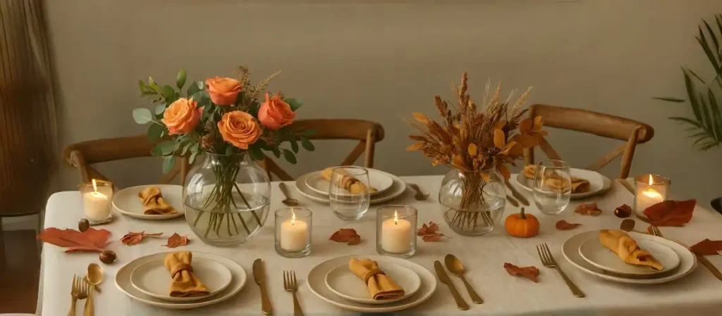 A beautifully set Thanksgiving dining table with glass vases holding orange roses and dried autumn foliage, surrounded by plates, gold cutlery, and candles, decorated with scattered fall leaves and a small pumpkin.