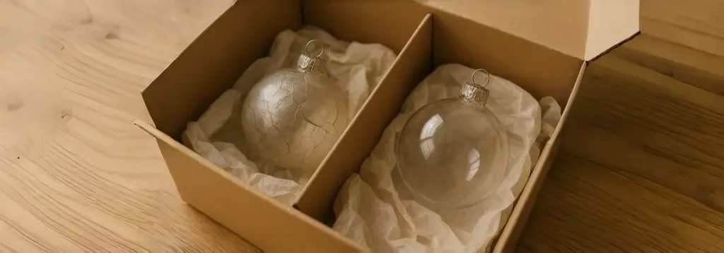 A cracked glass ornament beside a well-preserved one inside a padded storage box, showing the importance of safe handling.