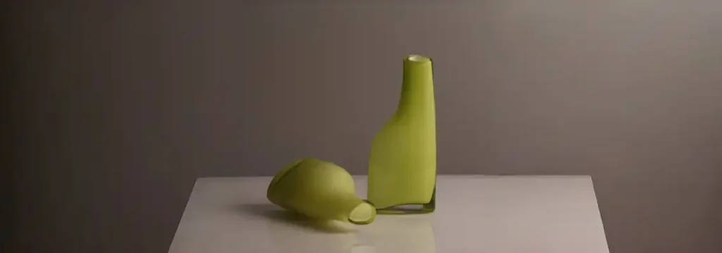 Two green frosted glass vases, one standing and one lying down, modern minimalist home décor