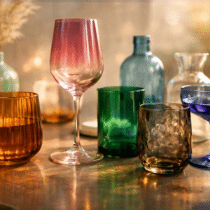 Modern colored glassware in amber, blue, green and gradient tones reflecting contemporary lifestyle aesthetics and glassware color trends