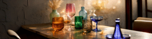 Modern colored glassware in amber, blue, green and gradient tones reflecting contemporary lifestyle aesthetics and glassware color trends
